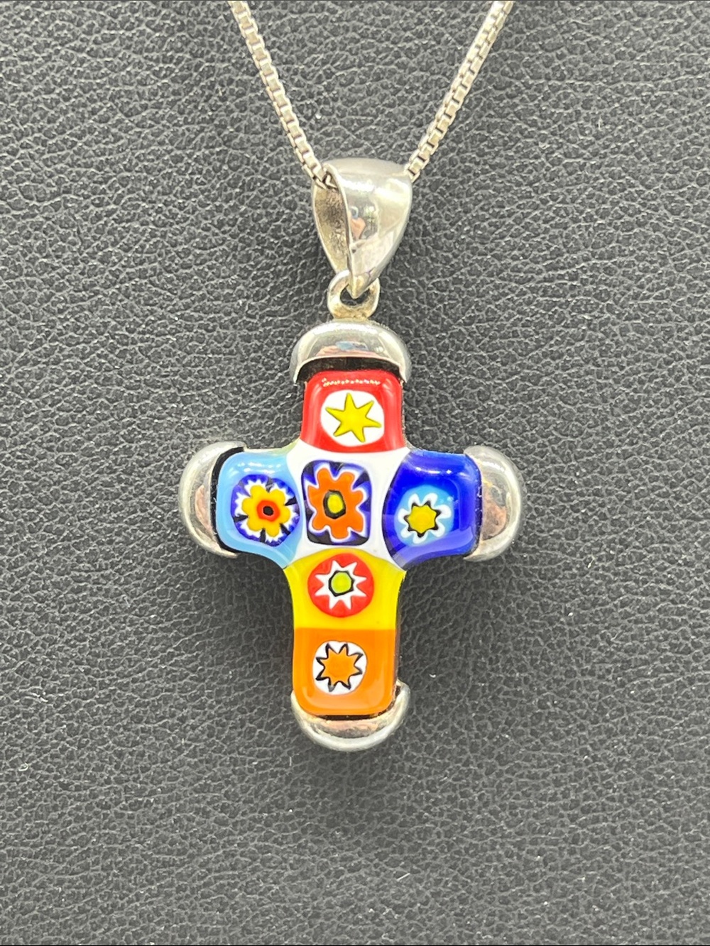 Italian art glass and sterling silver cross necklace on 925 chain